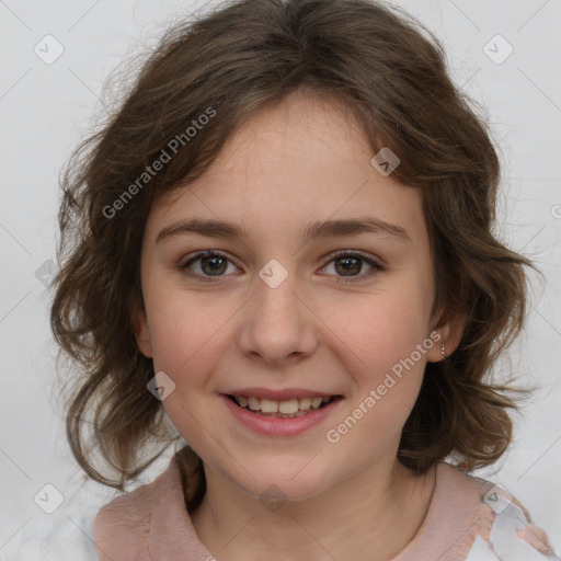 Joyful white child female with medium  brown hair and brown eyes