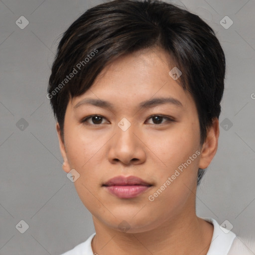 Neutral asian young-adult female with short  brown hair and brown eyes