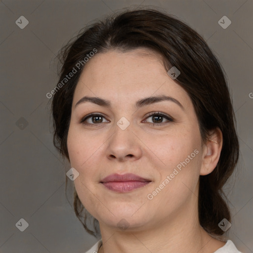 Joyful white young-adult female with medium  brown hair and brown eyes