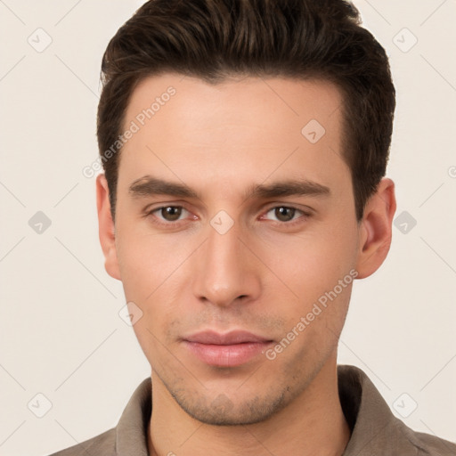 Neutral white young-adult male with short  brown hair and brown eyes