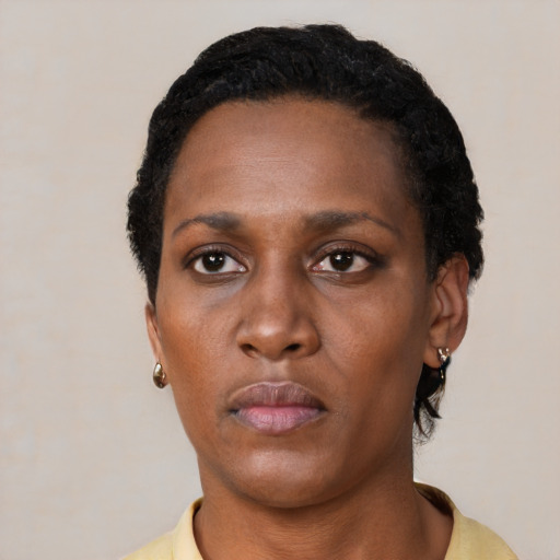 Neutral black adult female with short  black hair and brown eyes