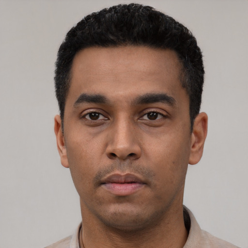 Neutral latino young-adult male with short  black hair and brown eyes
