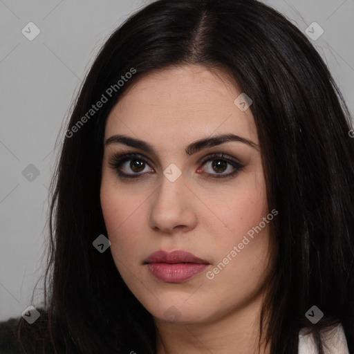 Neutral white young-adult female with long  brown hair and brown eyes