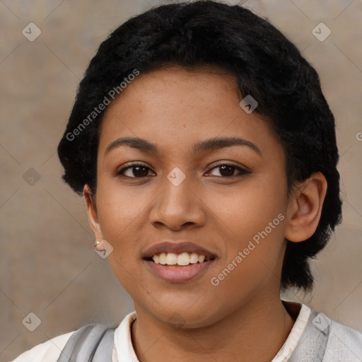 Joyful latino young-adult female with short  black hair and brown eyes