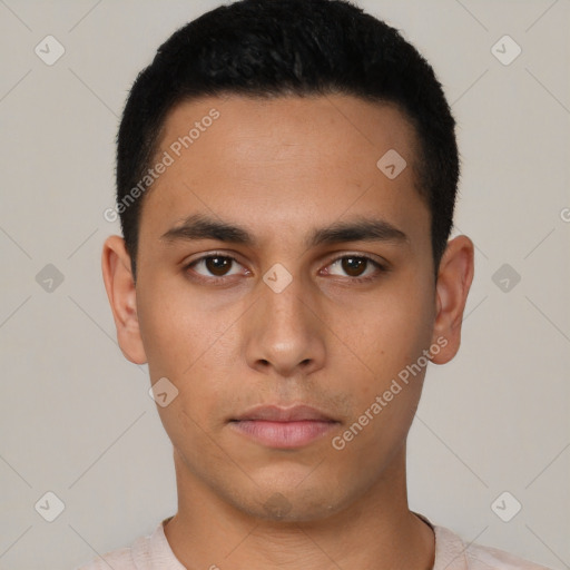 Neutral latino young-adult male with short  brown hair and brown eyes