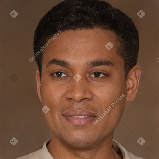 Joyful latino young-adult male with short  brown hair and brown eyes