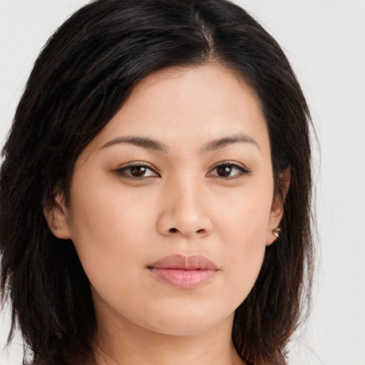 Neutral asian young-adult female with long  brown hair and brown eyes