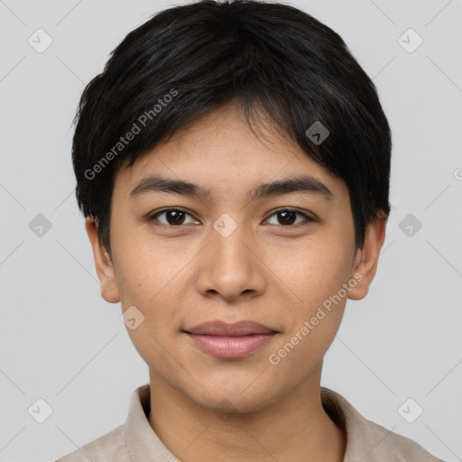 Joyful latino young-adult female with short  black hair and brown eyes