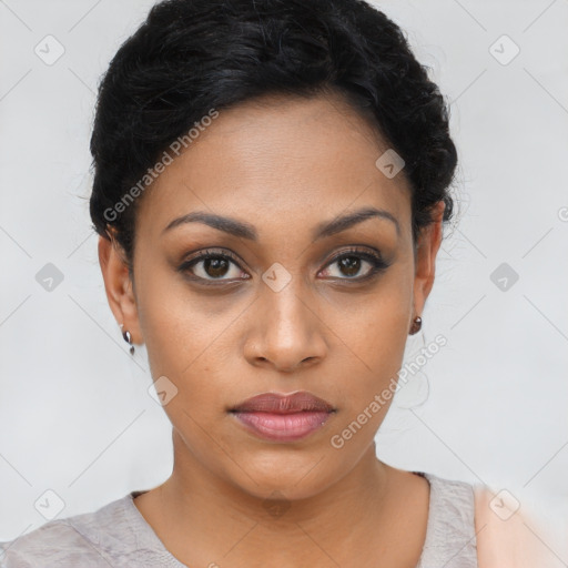 Joyful latino young-adult female with short  black hair and brown eyes