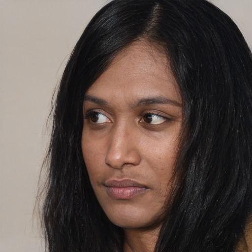 Neutral asian young-adult female with long  black hair and brown eyes