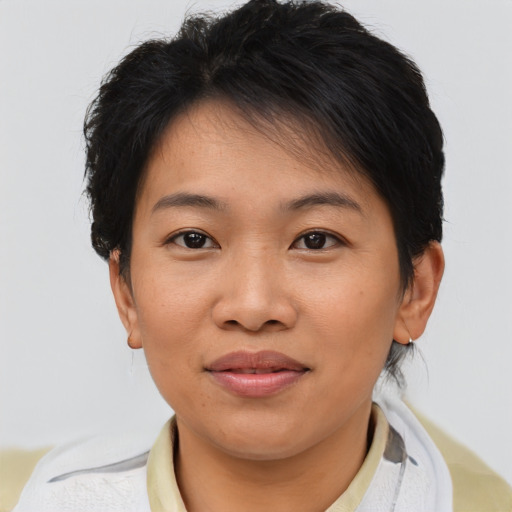 Joyful asian young-adult female with short  brown hair and brown eyes