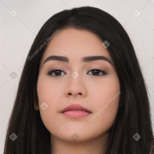 Neutral asian young-adult female with long  black hair and brown eyes