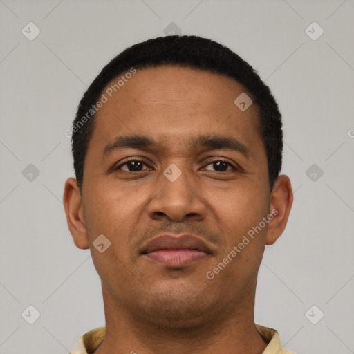 Neutral latino young-adult male with short  black hair and brown eyes