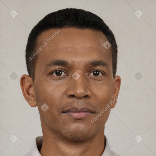 Neutral black young-adult male with short  black hair and brown eyes