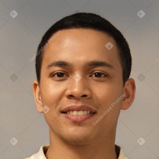 Joyful latino young-adult male with short  brown hair and brown eyes