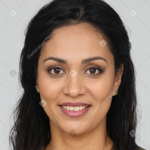 Joyful latino young-adult female with long  brown hair and brown eyes