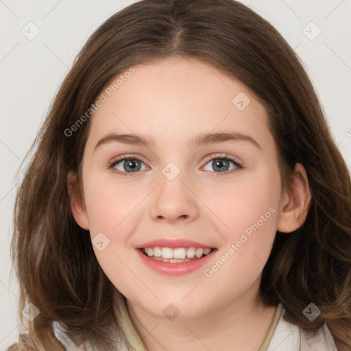 Joyful white child female with medium  brown hair and brown eyes