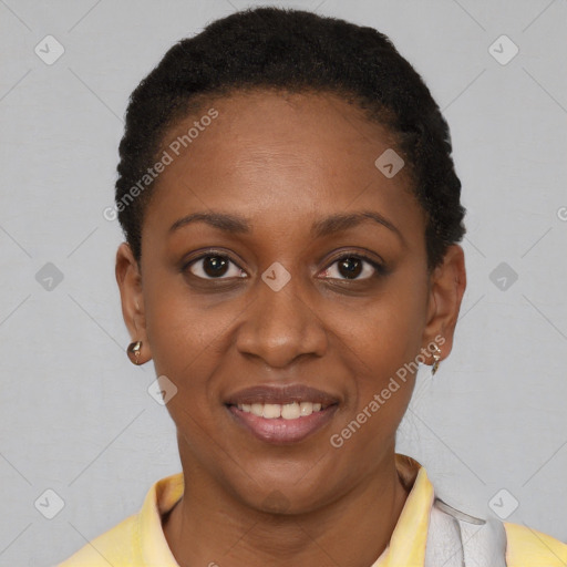 Joyful latino young-adult female with short  black hair and brown eyes