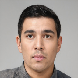 Neutral asian young-adult male with short  black hair and brown eyes