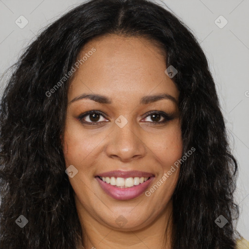 Joyful latino young-adult female with long  brown hair and brown eyes