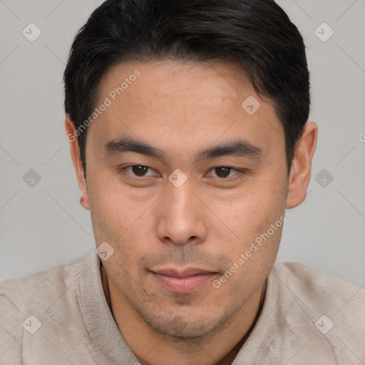 Neutral asian young-adult male with short  brown hair and brown eyes