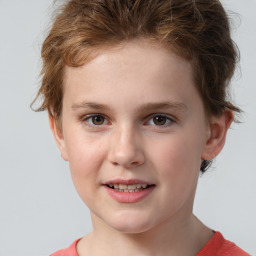 Joyful white child female with short  brown hair and brown eyes