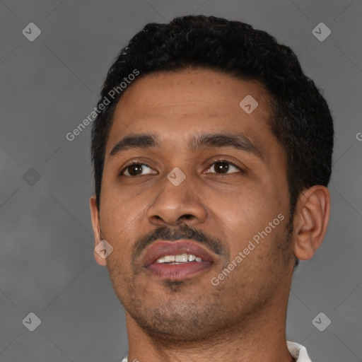 Neutral black young-adult male with short  black hair and brown eyes