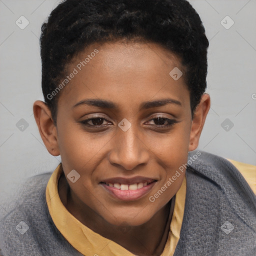 Joyful black young-adult female with short  brown hair and brown eyes