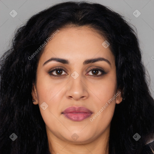 Joyful latino young-adult female with long  black hair and brown eyes