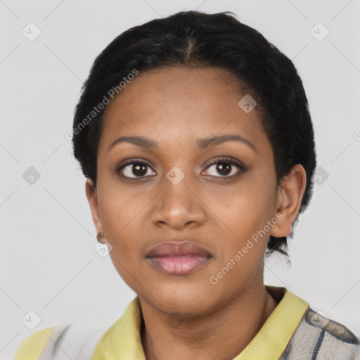 Neutral black young-adult female with short  black hair and brown eyes