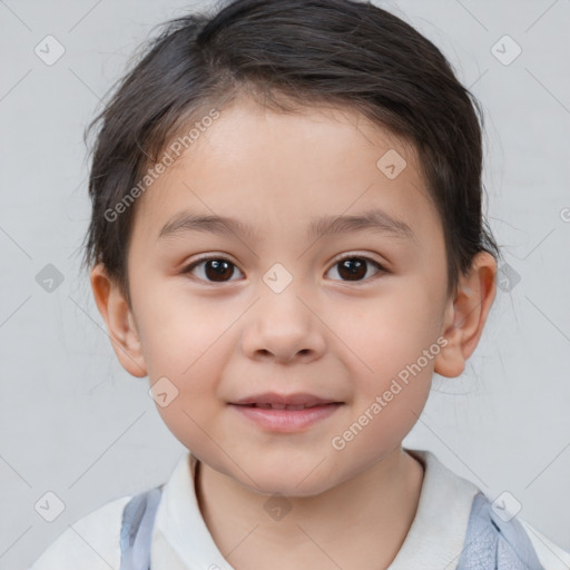 Joyful white child female with short  brown hair and brown eyes