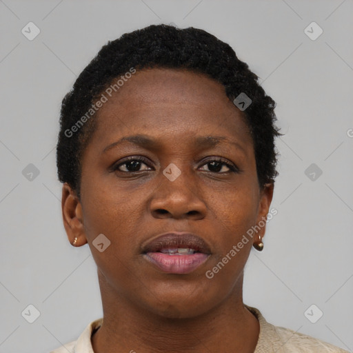 Neutral black young-adult female with short  black hair and brown eyes