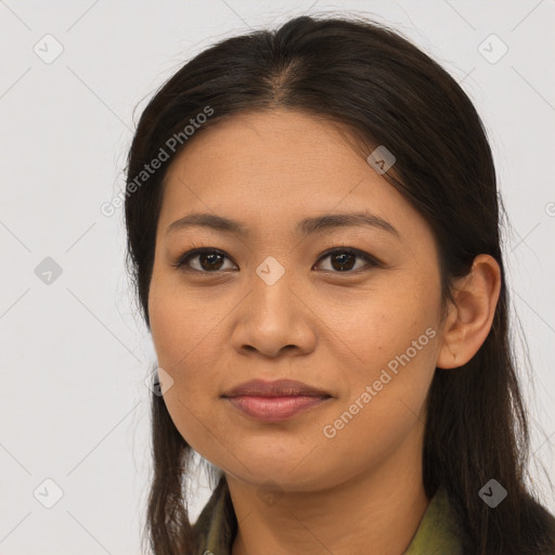 Joyful asian young-adult female with long  brown hair and brown eyes