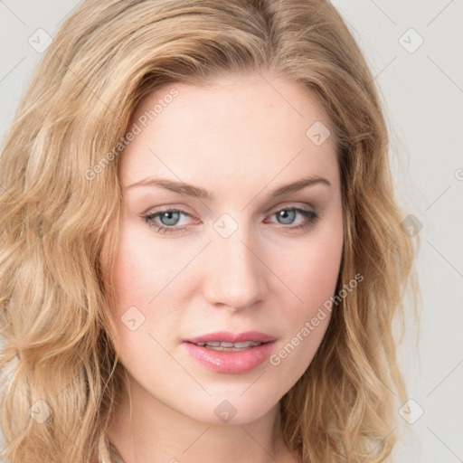 Joyful white young-adult female with long  brown hair and blue eyes