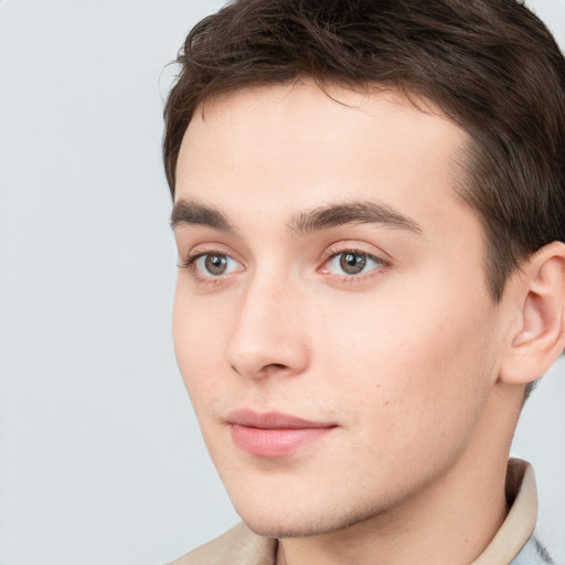 Neutral white young-adult male with short  brown hair and brown eyes