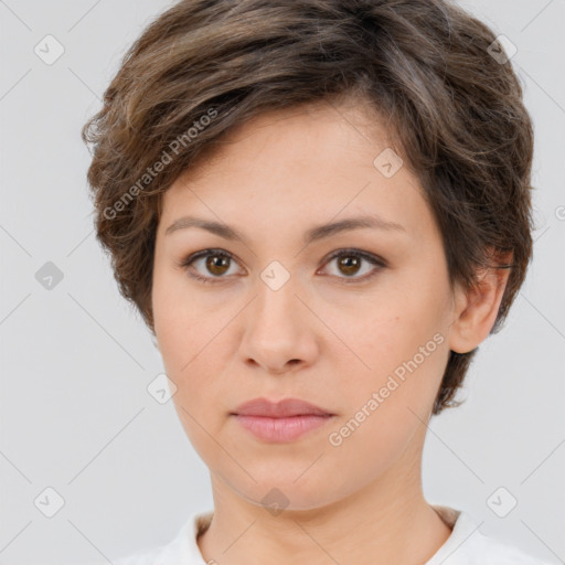 Neutral white young-adult female with short  brown hair and brown eyes