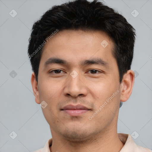 Neutral asian young-adult male with short  black hair and brown eyes