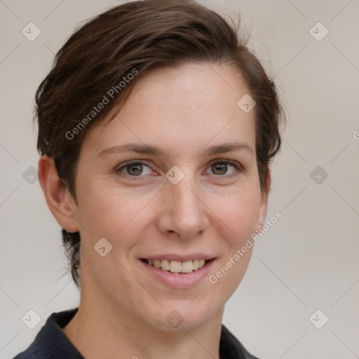 Joyful white young-adult female with medium  brown hair and grey eyes