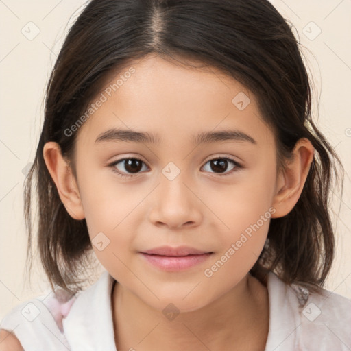 Joyful white child female with medium  brown hair and brown eyes