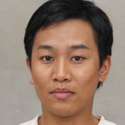 Neutral asian young-adult male with short  black hair and brown eyes