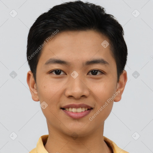 Joyful asian young-adult male with short  brown hair and brown eyes