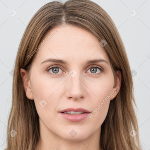 Neutral white young-adult female with long  brown hair and grey eyes