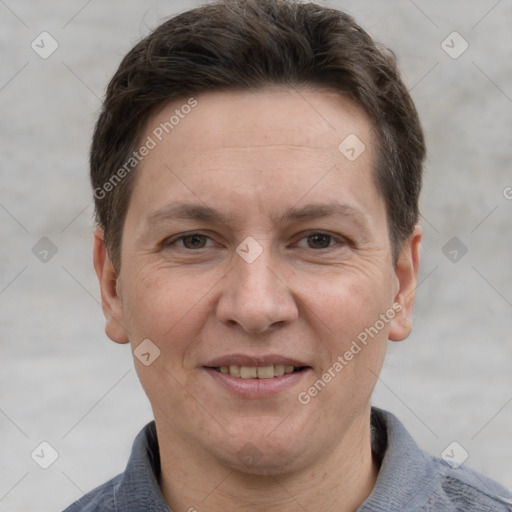 Joyful white adult male with short  brown hair and grey eyes