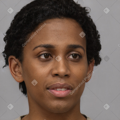 Neutral black young-adult female with short  brown hair and brown eyes