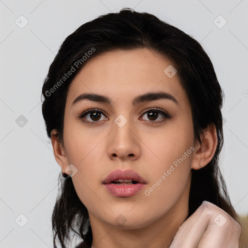 Neutral asian young-adult female with medium  black hair and brown eyes