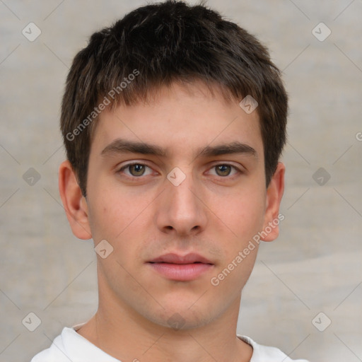 Neutral white young-adult male with short  brown hair and brown eyes