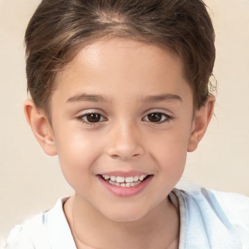 Joyful white child female with short  brown hair and brown eyes