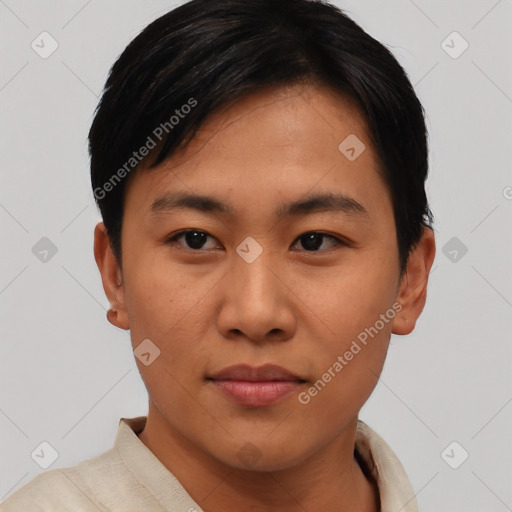 Neutral asian young-adult male with short  black hair and brown eyes