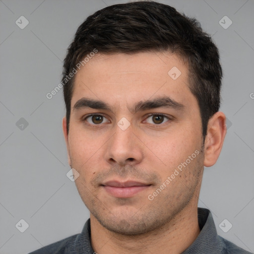 Neutral white young-adult male with short  brown hair and brown eyes