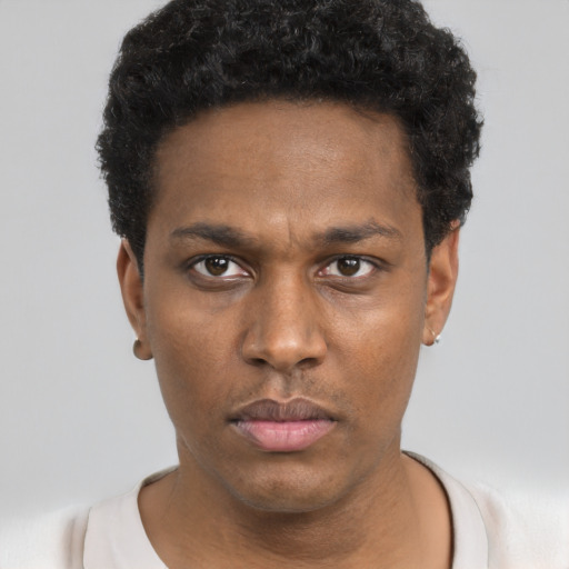 Neutral black young-adult male with short  black hair and brown eyes
